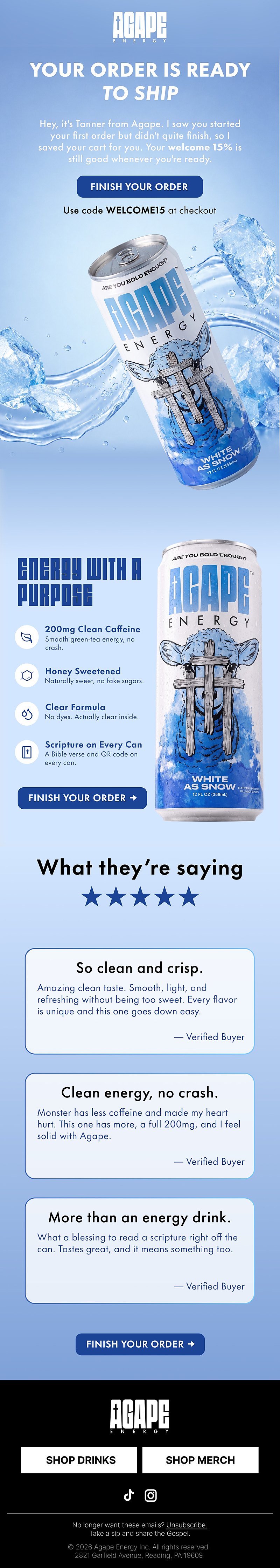Agape Energy abandoned-cart email: your order is ready to ship